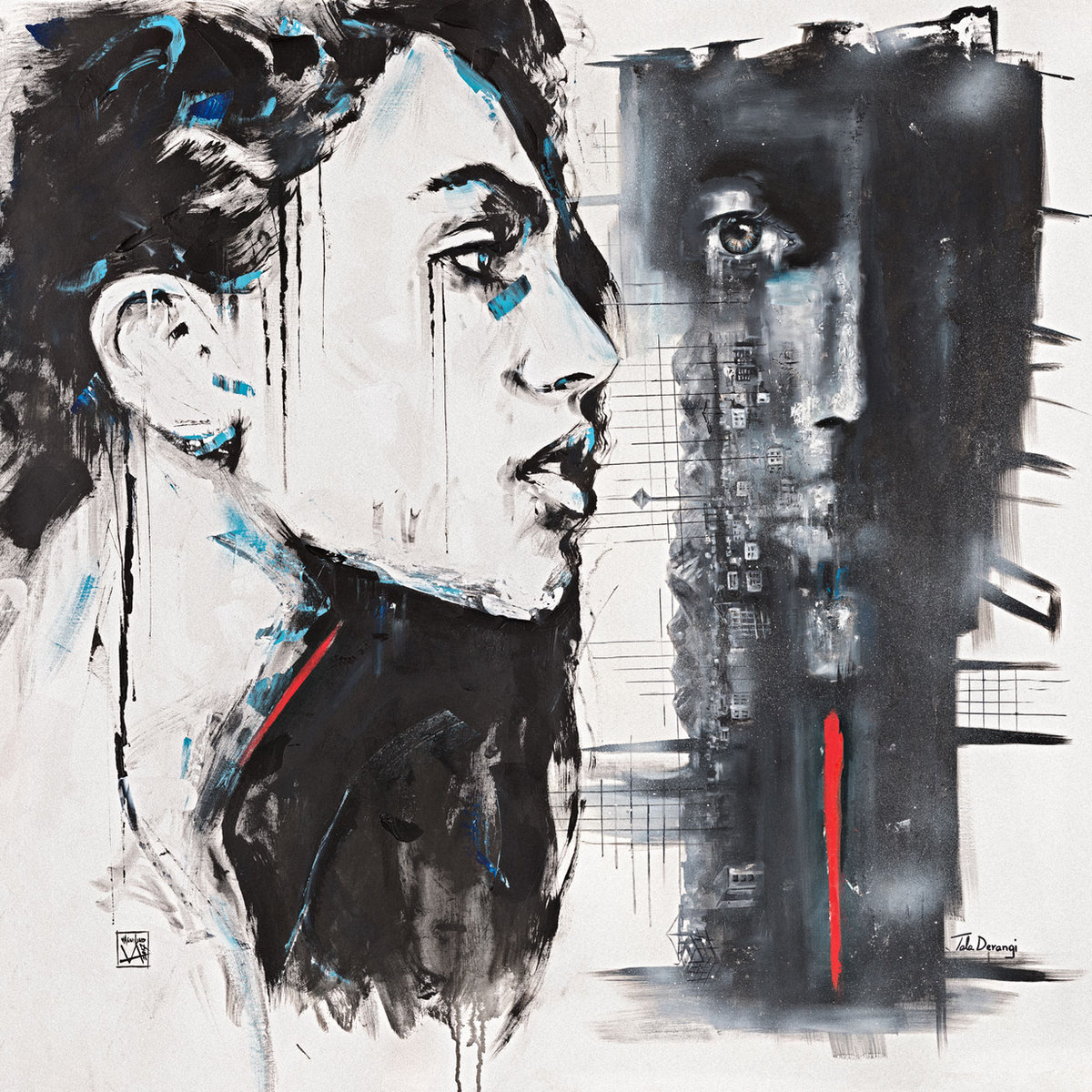 Painting by Tala Derangi — two faces emerging from a divided field of black, white, blue and red